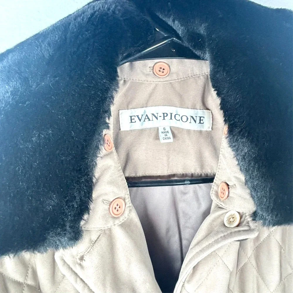 Evan‎ Picone Chore Coat Barn Jacket Quilted Fur Collar Black Beige Womens Sz S - Picture 3 of 7